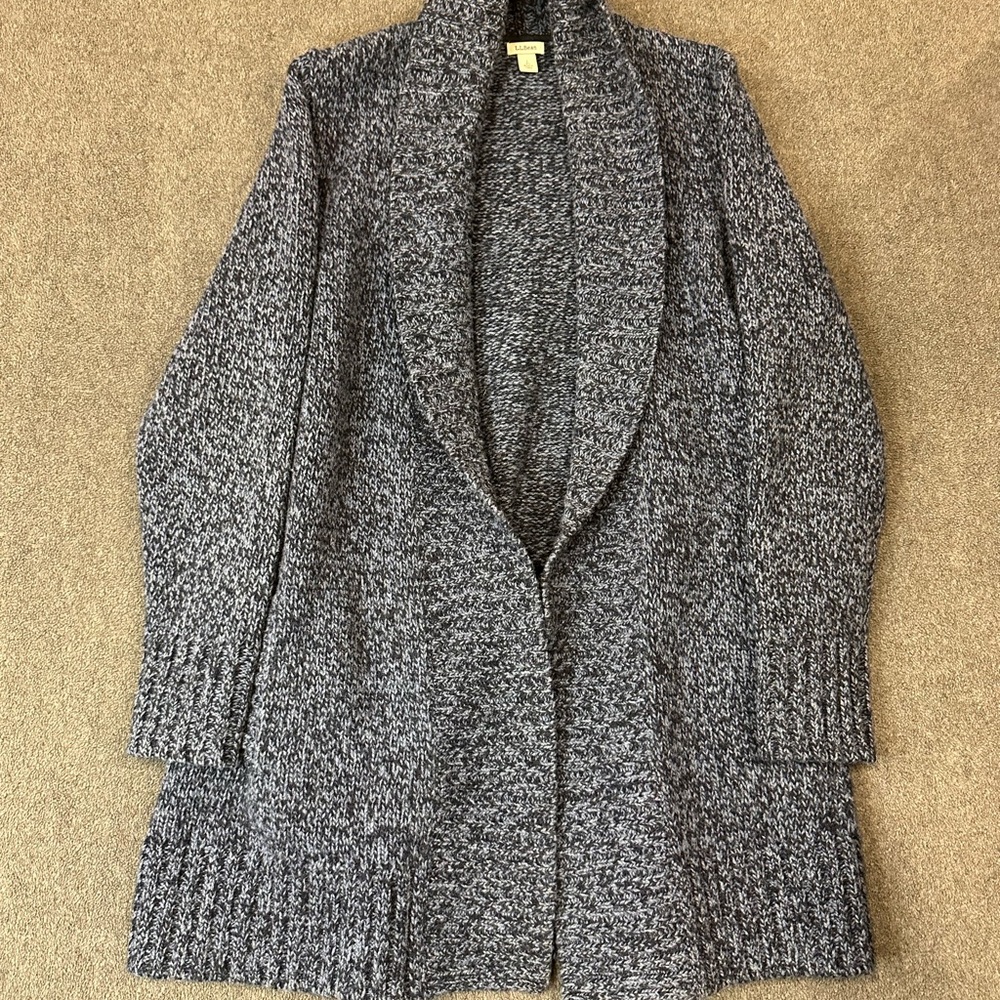 L.L. Bean Lambswool Open Knit Cardigan Women’s Large Blue Pockets